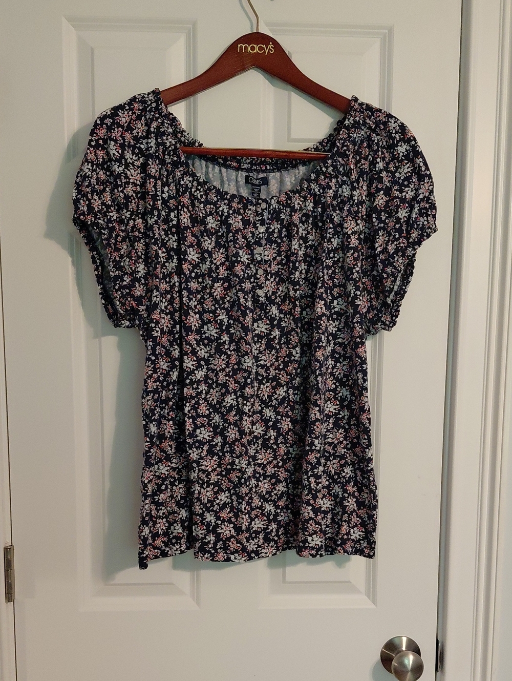 Chaps Navy Floral Short-Sleeve Peasant Blouse, Size 2XL